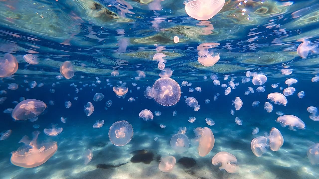 A bloom of jellyfish near the surface (illustration).